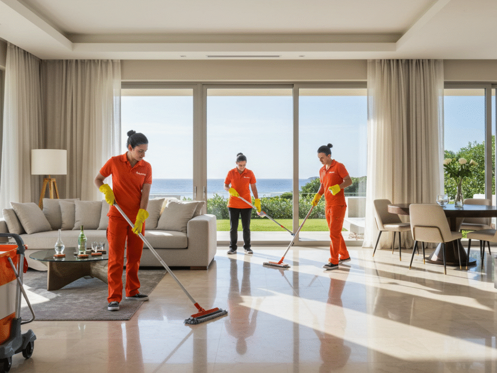 Villa temizliği yapan profesyonel temizlik ekibi